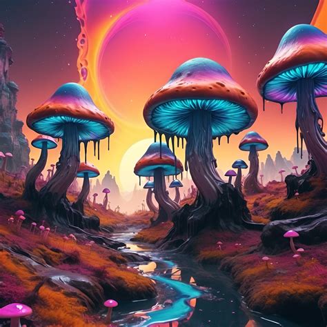 Trippy Melting Mushroom Forest On A Colorful Glowing