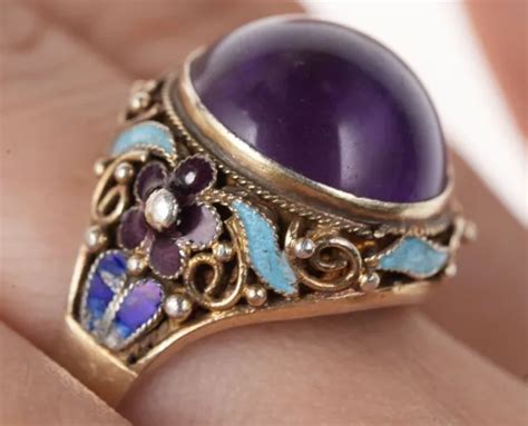 Antique Chinese Gilt Silver Enamel Gem Grade Amethyst Ring