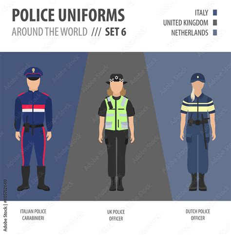 Police uniforms around the world. Suit, clothing of european police officers vector ...