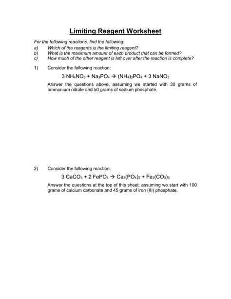 Limiting Reagent Worksheet Answers