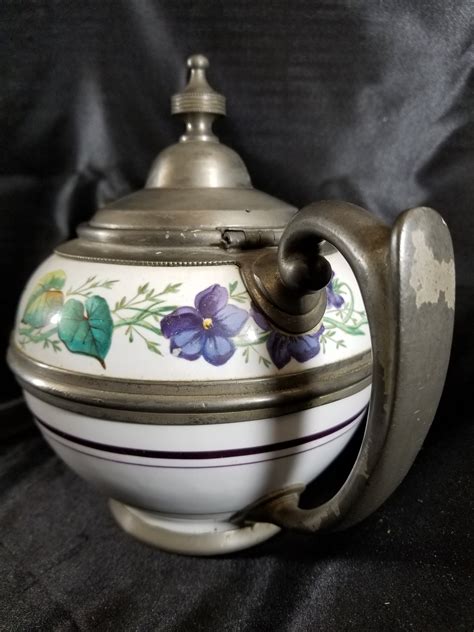 Pewter Trimmed Graniteware Teapot With Flower Decoration Etsy