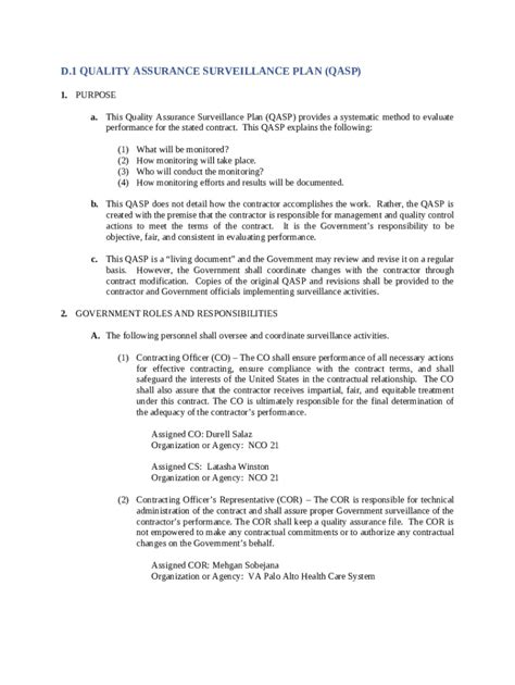 D 1 QUALITY ASSURANCE SURVEILLANCE PLAN Doc Template PdfFiller