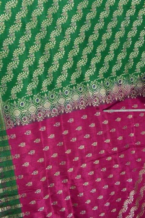 Vintage Embroidered Pinkgreen Saree Pure Silk Satin Brocade Etsy