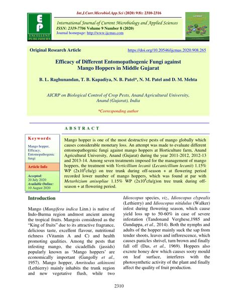 PDF Efficacy Of Different Entomopathogenic Fungi Against Mango