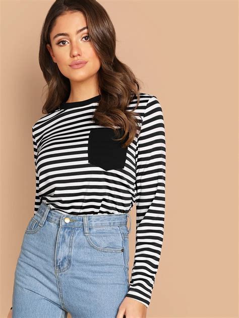 Pocket Patched Striped Top Striped Top Tops Womens Striped Tee