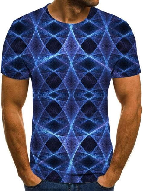 Short Sleeve Shirts Men Blue Symmetrical Geometric Printing T Shirt