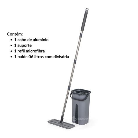 Flat Mop Slim Balde L Cinza C Espremedor E Refil De Microfibra Nobre