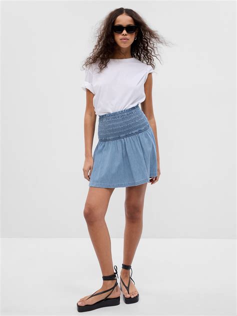 Lenzing Tencel Lyocell Smocked Denim Mini Skirt With Washwell Gap