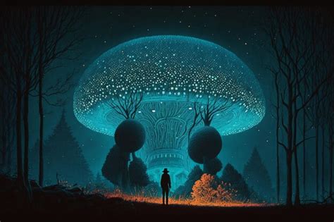 Premium Ai Image A Man Stands In Front Of A Glowing Mushroom In The