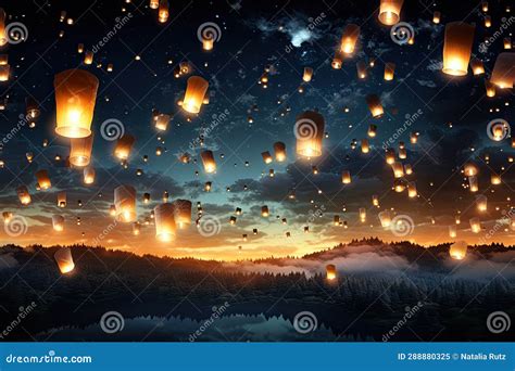 Lanterns in the night sky stock illustration. Illustration of nature - 288880325