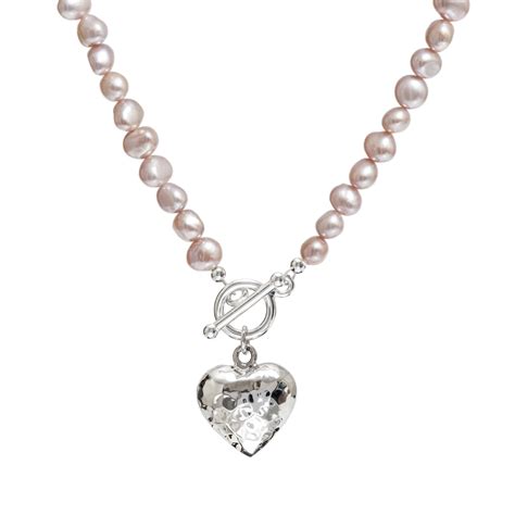 Pink Pearl Necklace With Silver Heart Pink Pearl Jewellery Biba And Rose