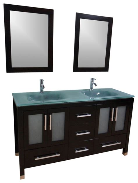 60 Double Sink Bathroom Vanity Frosted Green Glass Contemporary