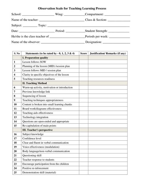 Chart Of Teacher S Observation Scale From 0 To 4 Sample Teacher