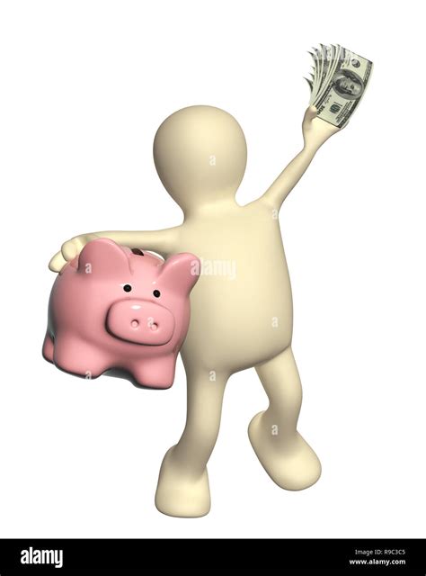 Happy Puppet With Piggy Bank And Banknotes Of Dollars Isolated On