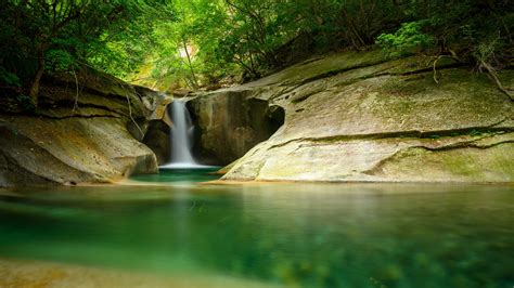 waterfall, cliff, stone, water, trees, forest, 4k HD Wallpaper