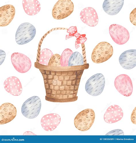 Watercolor Seamless Pattern With Colorful Easter Eggs And Basket Stock