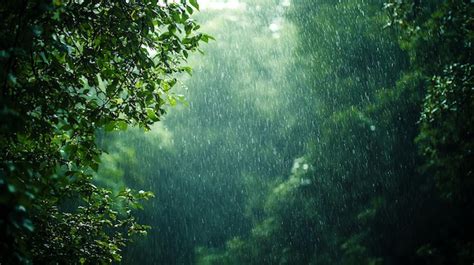 gentle rain falling   lush green forest premium ai generated image