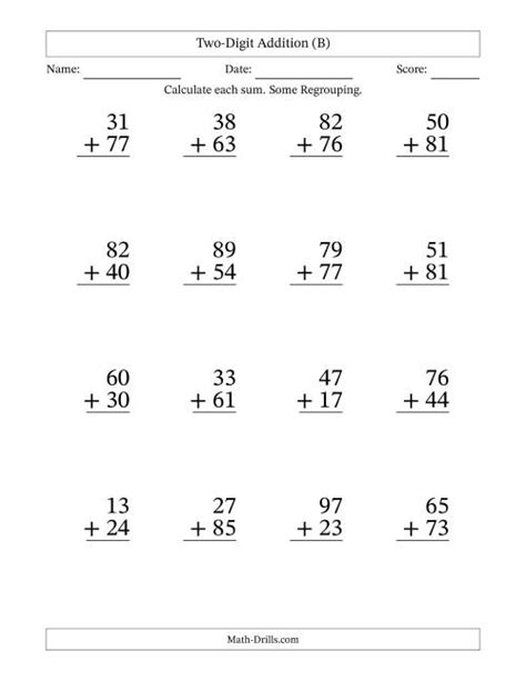 Large Print 2 Digit Plus 2 Digit Addition With Some Regrouping B