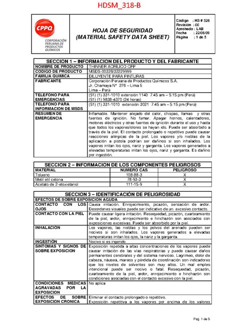 HDSM 0318 B Thinner Acrílico CPP 22 HOJA DE SEGURIDAD MATERIAL