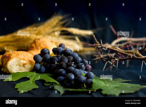 Uvas De Trigo Pan Y Corona De Espinas Sobre Fondo Negro Como S Mbolo