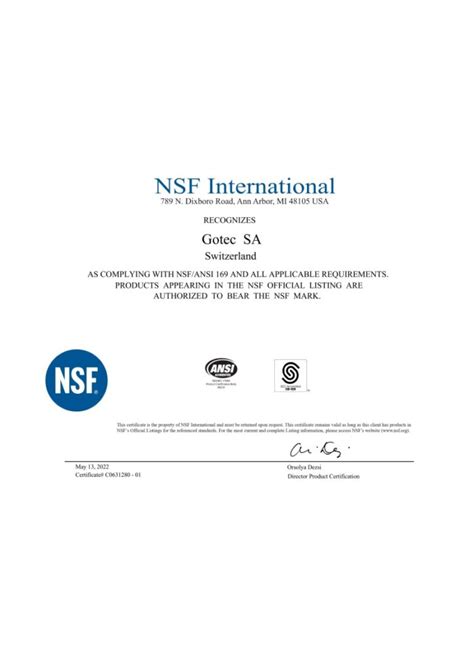 Certificat de conformité NSF 169 C0631280 Gotec SA