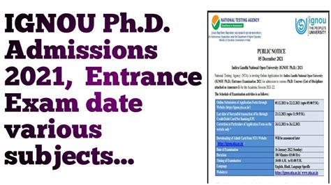 Ignou Ph D Admissions Entrance Exam Date Various Subjects Phd