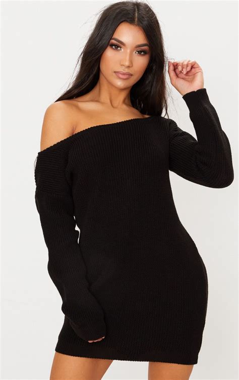 Black Off The Shoulder Jumper Dress Off Shoulder Outfits Knitted Jumper Dress Off Shoulder