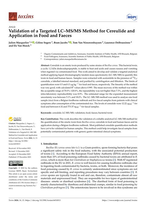 Pdf Validation Of A Targeted Lcmsms Method For Cereulide And