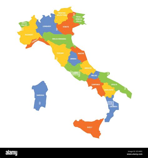 Colorful Map Of Italy Divided Into 20 Administrative Regions White