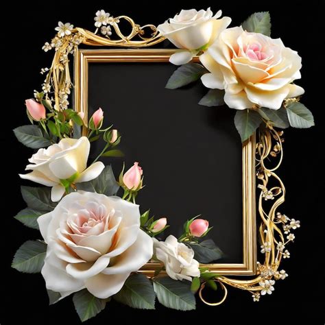 3d Flower Wedding Photo Frame And Flowers Isolated Over Black Premium