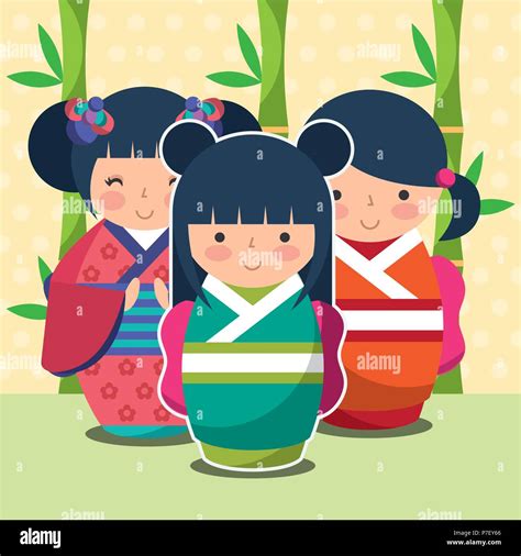 Group Cute Japanese Kokeshi Doll In Kimono Stock Vector Image And Art Alamy