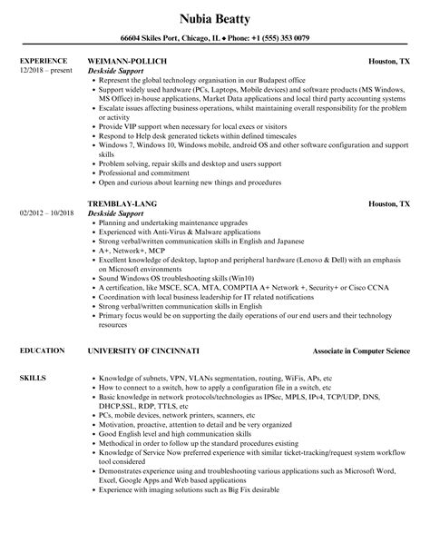 Deskside Support Resume Samples Velvet Jobs