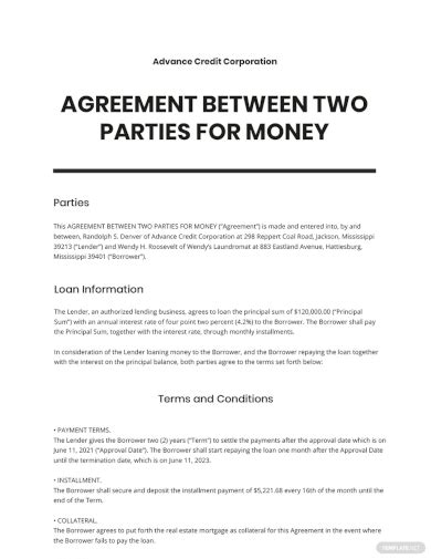 Free Agreement Between Two Parties For Money Samples Templates In