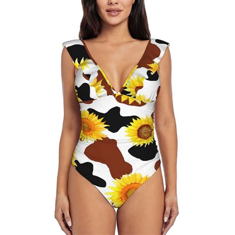 Bingfone Cow Print Sunflower Print Women Ruffle One Piece Swimsuit