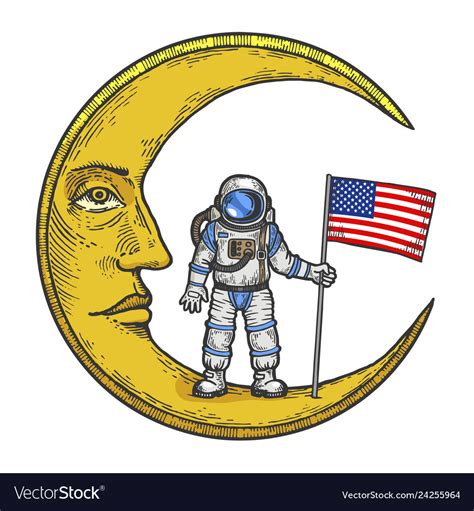 Spaceman Usa Flag On Moon Color Sketch Engraving Vector Image