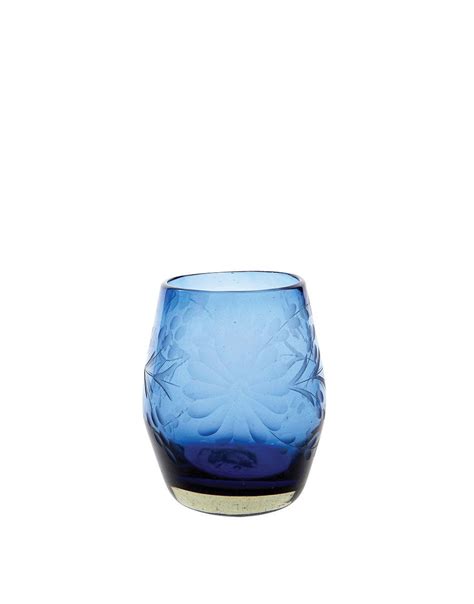 Hand Etched Recycled Stemless Wine Glass Fair Trade Dark Blue The Little Market