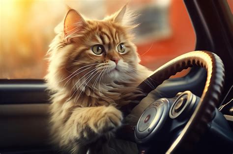 Gato Bonito Dirigindo Uma Roda Em Um Carro Generative Ai Foto Premium