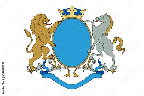 A coat of arms crest heraldic medieval rampant lion and horse for royal ...