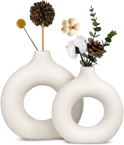 White Ceramic Vase Set 2 For Modern Home Decor Hollow