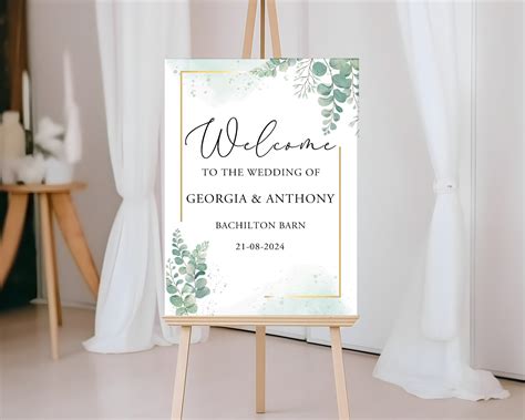 Eucalyptus W Gold Border Wedding Welcome Board Portrait Acrylico