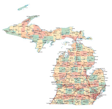 Large administrative map of Michigan state with roads, highways and ...