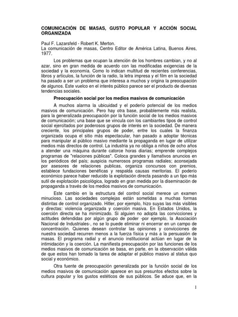 Comunicacion de Masas Gusto Popular y Accion Social Organizada ...