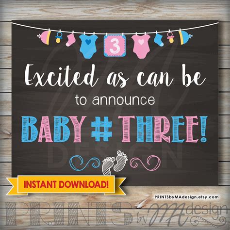 Baby Number 3 Pregnancy Announcement Printable 8x1016x20 Chalkboard