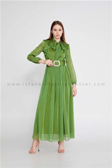 COMFERİ Long Sleeve Maxi Chiffon Column Regular Green Casual Dress