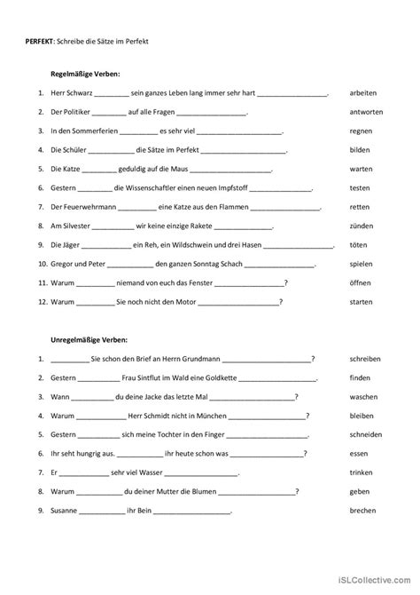 Perfekt Übung Sätze gegliedert sätze English ESL worksheets pdf doc