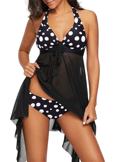 Polka Dot Asymmetric Hem Halter Swimdress And Panty Swim Dress