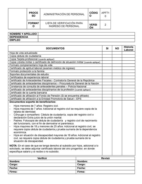 Tarea Elaboración lista de chequeo de la documentación requerida para