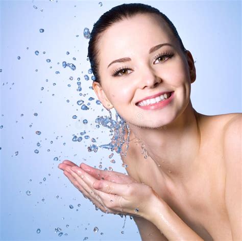 Smiling Woman Washing Her Face With Water Stock Image Image Of Fresh