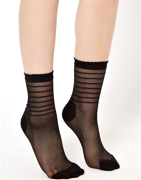 Lyst - Asos Sheer and Stripe Ankle Socks in Black