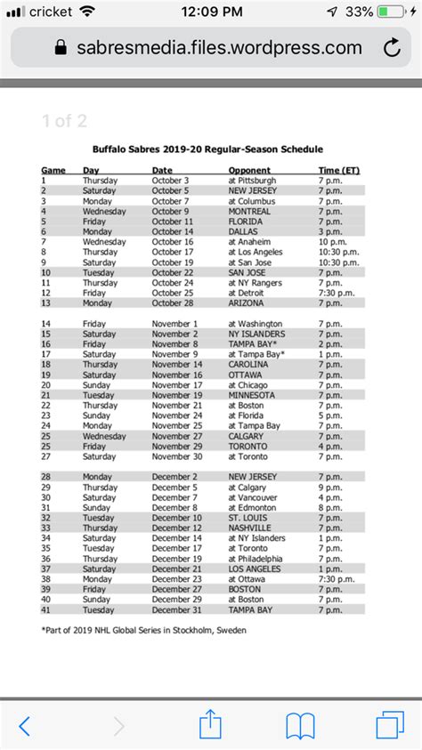 Buffalo Sabres Printable Schedule 2023-24